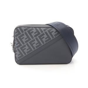 FENDI Diagonal Camera Case Zucca Shoulder Bag Leather Navy Blue